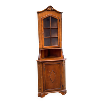Victorian English corner display cabinet in wood with two sections.