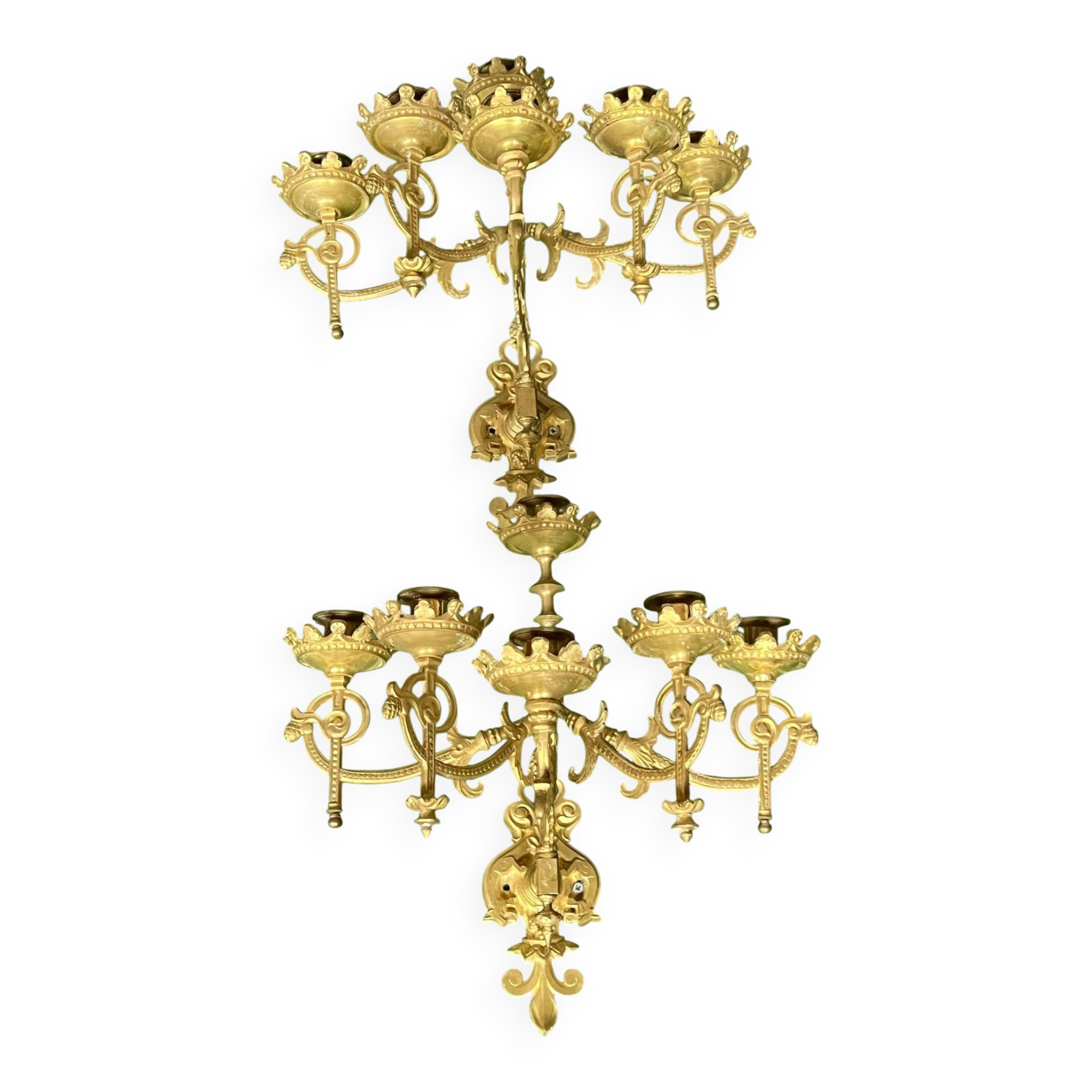 Pair of neo-Gothic wall sconces. Solid gilt bronze.