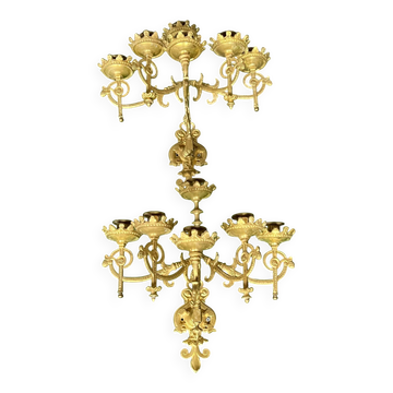 Pair of neo-Gothic wall sconces. Solid gilt bronze.