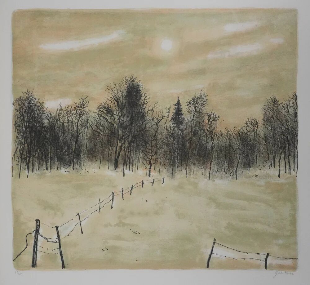 Bernard Gantner: Clearing under the snow, signed original lithograph.