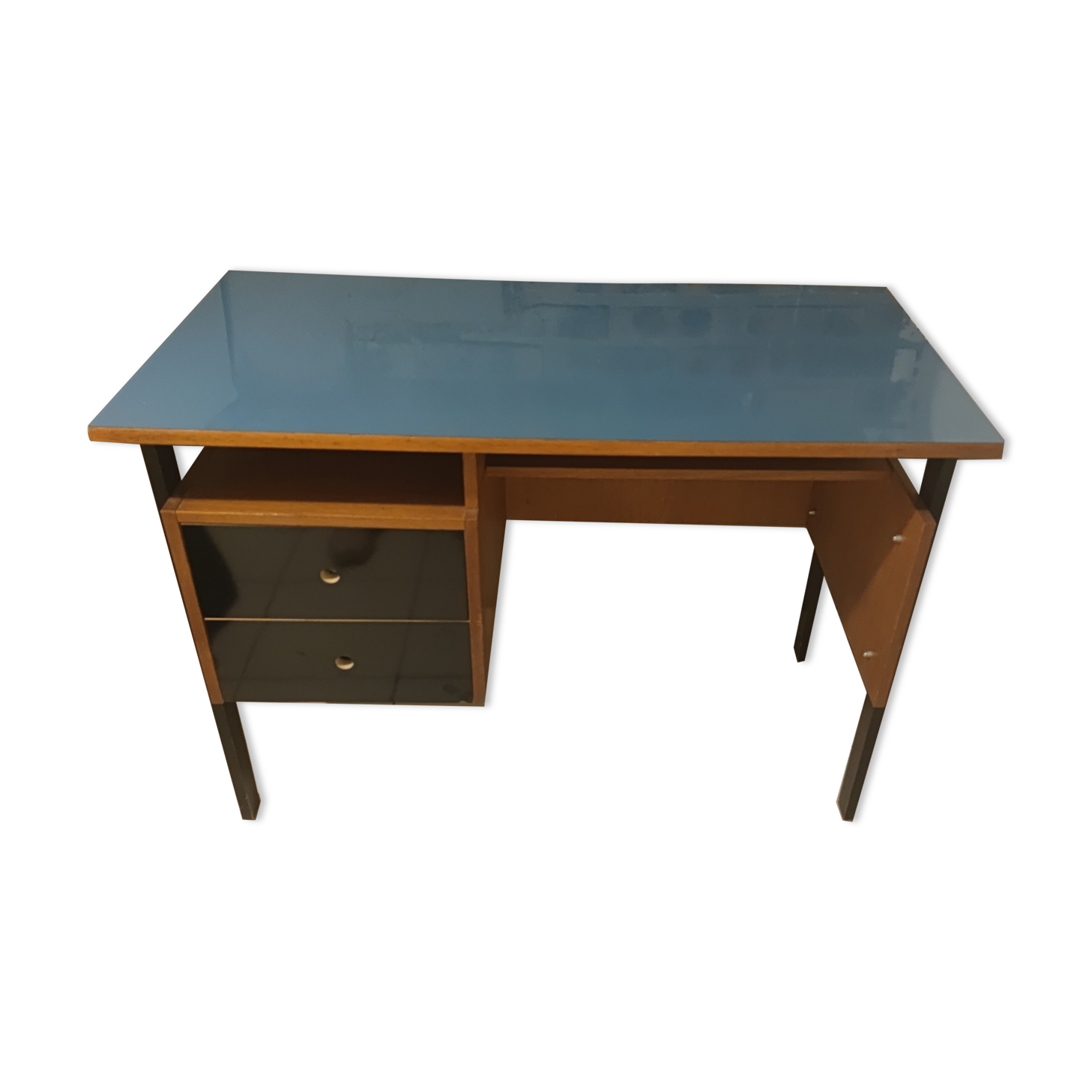 Vintage desk wood 1950s, blue top