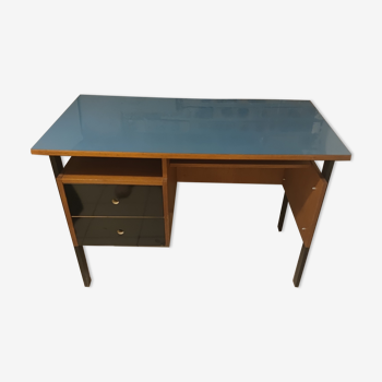 Bureau vintage bois années 1950, plateau bleu