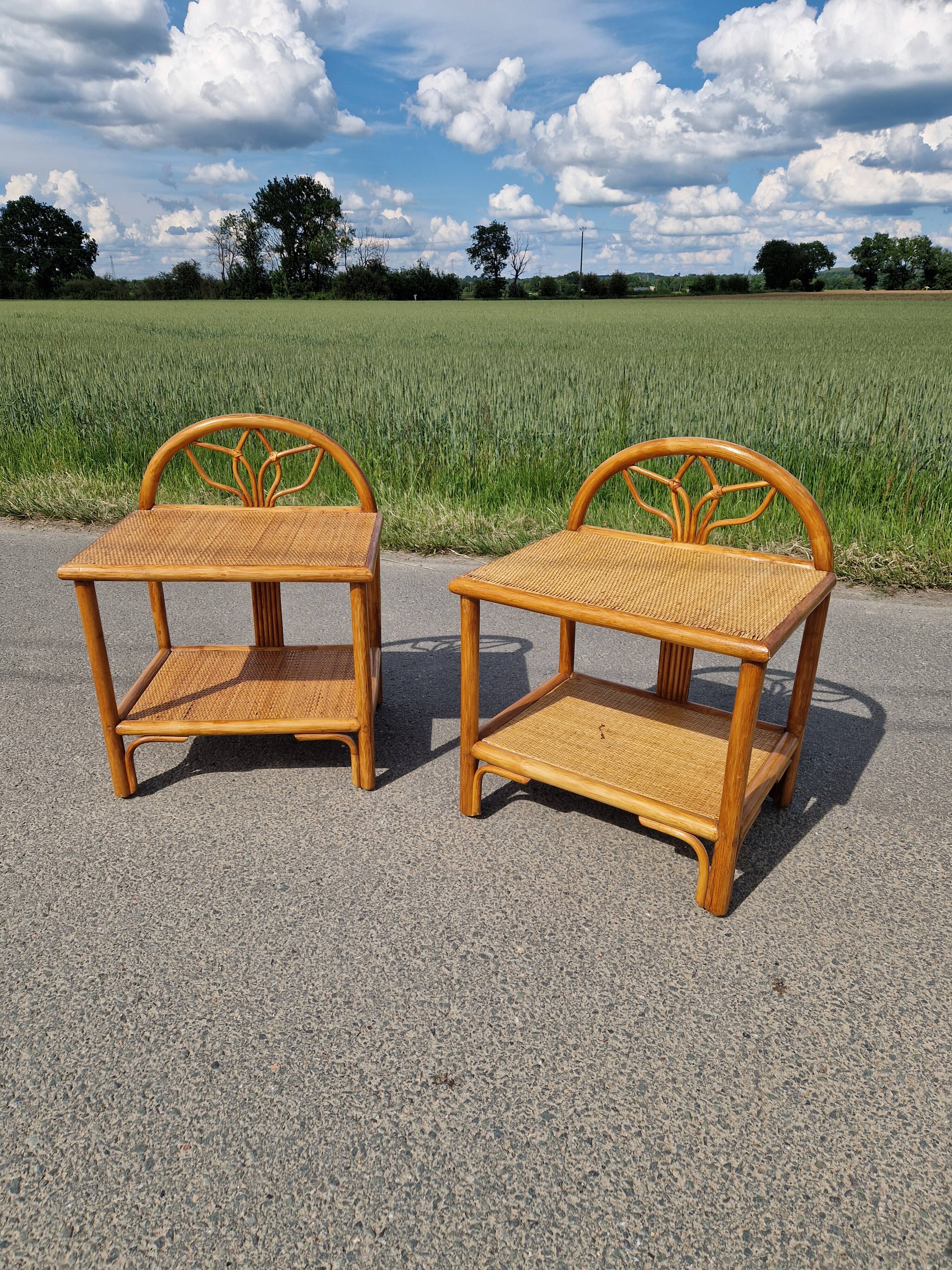Pair of bedside tables in wood and woven straw - around 1960.