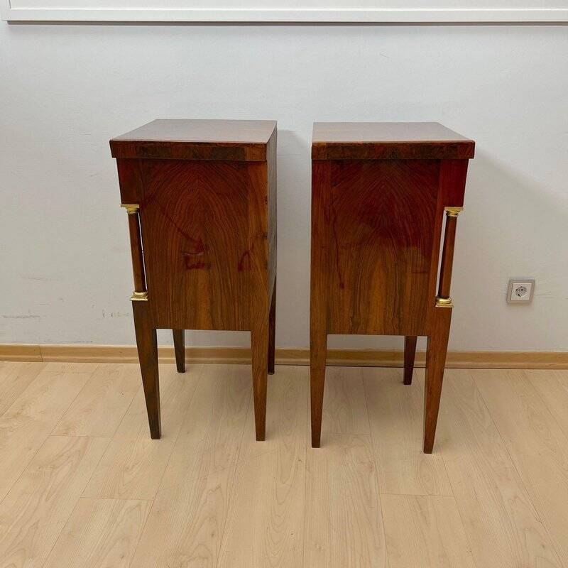 Empire Nightstands in Walnut with Full Columns in Gilt Brass, Italy, 1810, Set of 2