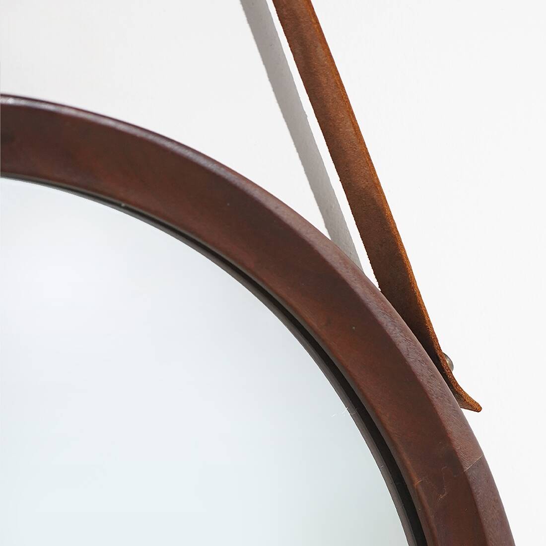 Round wall mirror with leather strap, 1960s