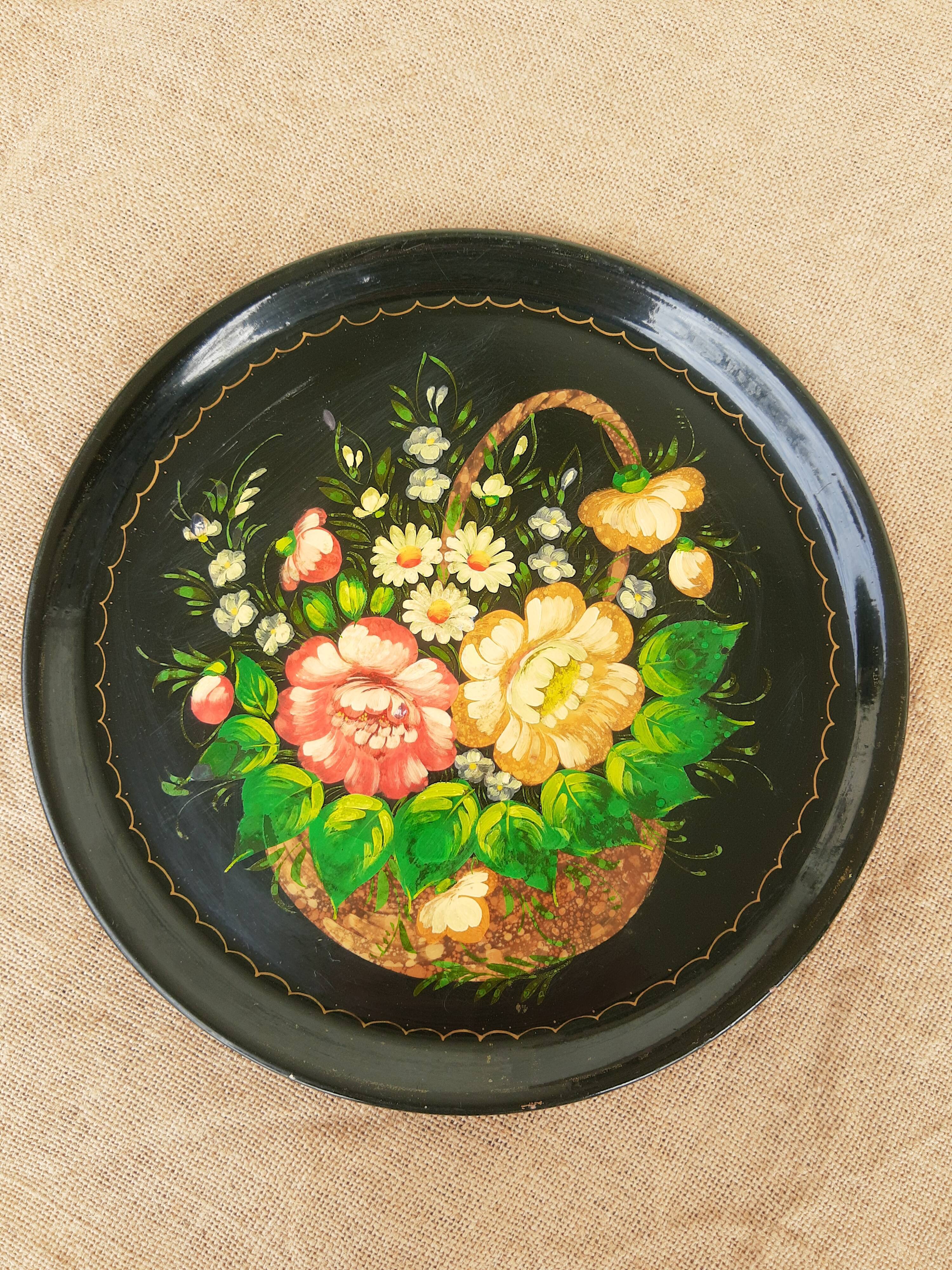 Black metal round top and vintage hand-painted flowers