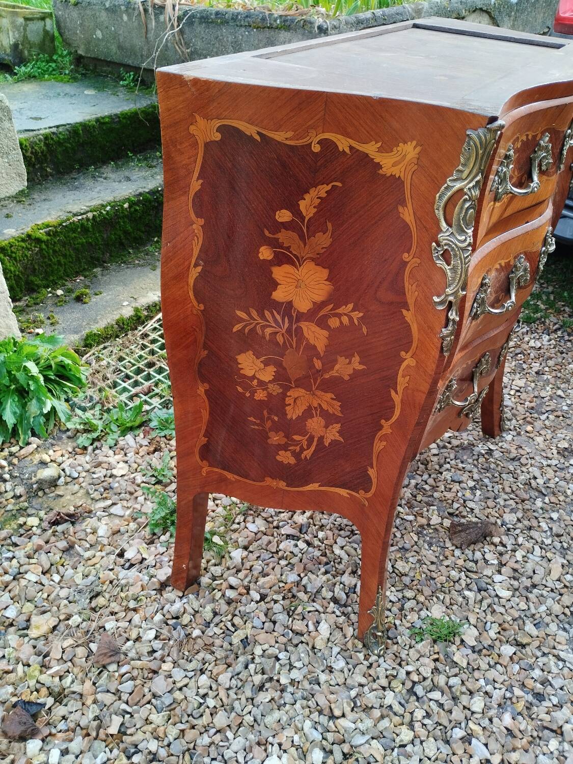 Louis xv style marble top marquetry chest of drawers