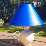 Bedside lamp, ceramic ball foot cream, blue lampshade, circa 70's