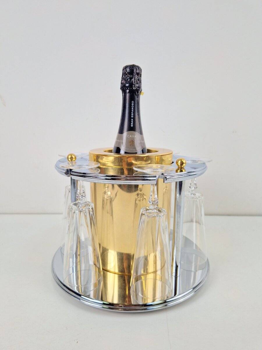 Brass Champagne Cooler with Glass Holder and Crystal flutes by Hans Turnwald for Freddotherm, Germany, 1960s, Set of 7
