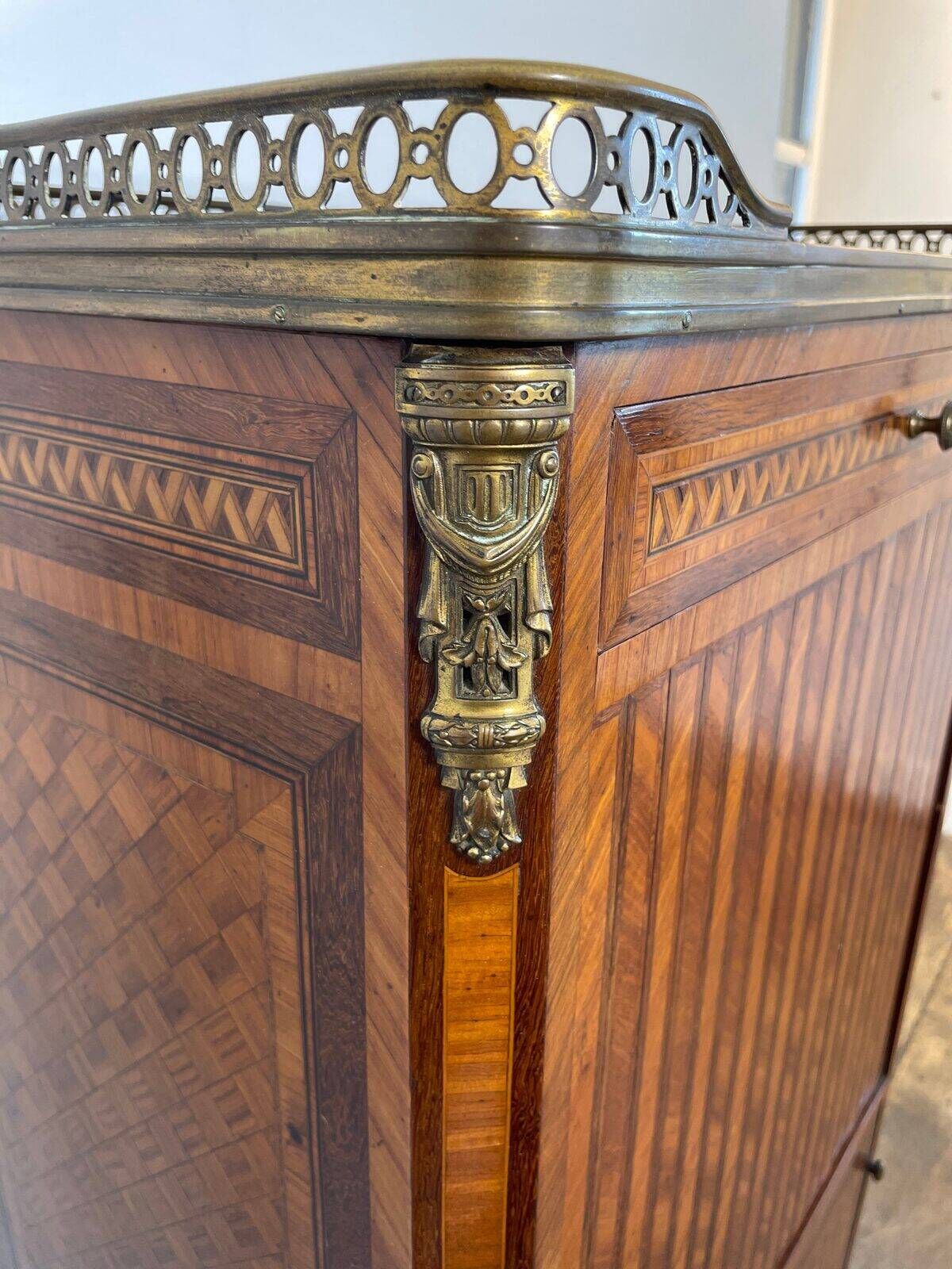 Louis XVI music cabinet, marquetry, brass gallery, marble top