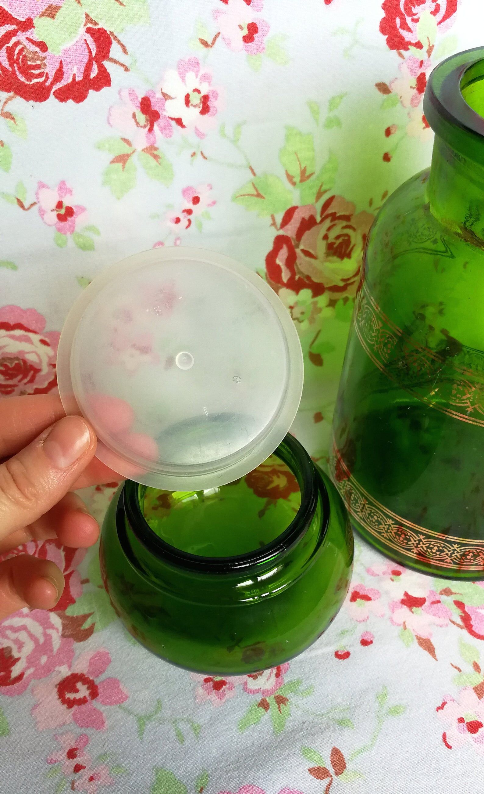 Green glass apothecary flask and golden edars old pot