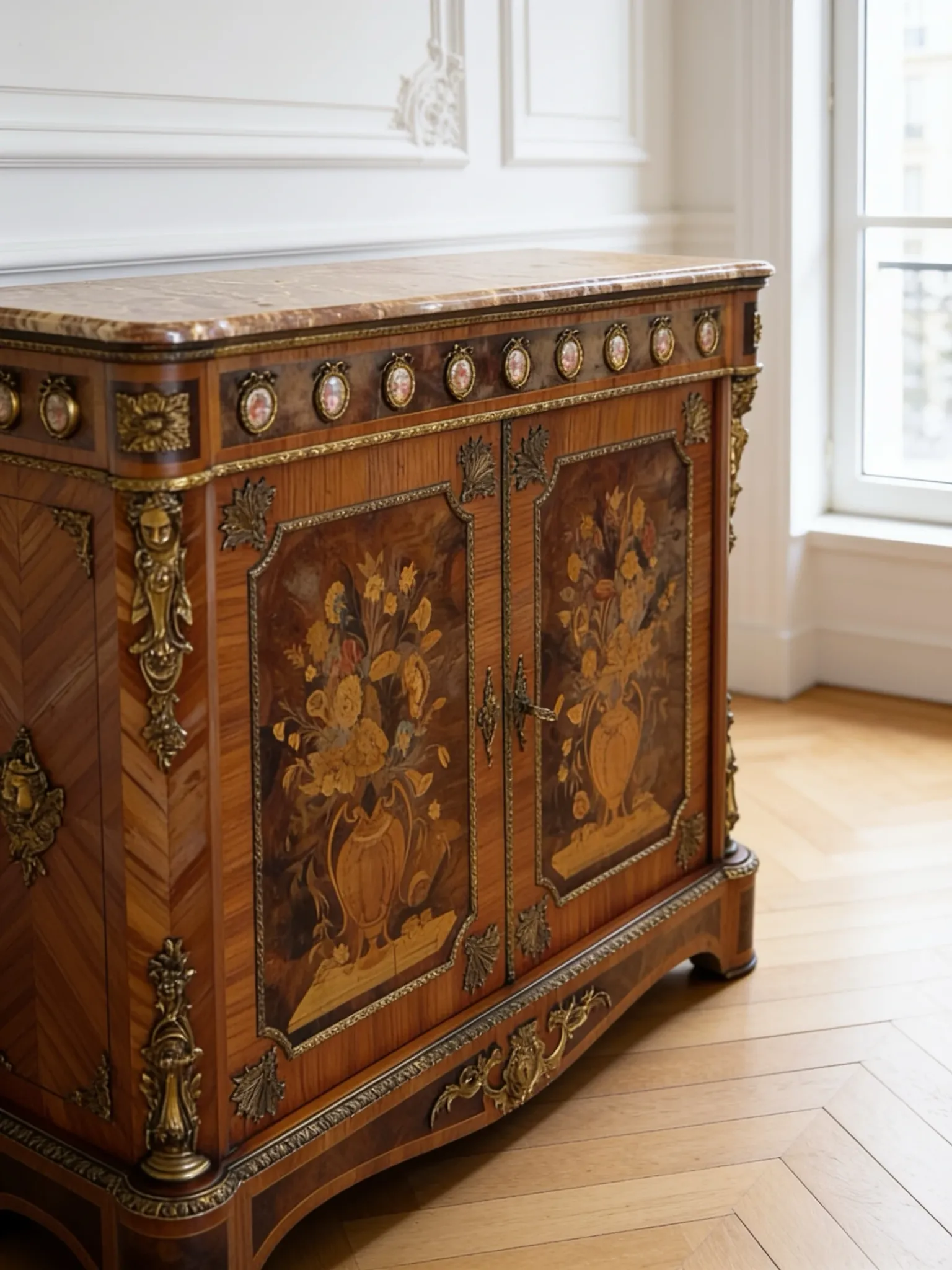 An antique French Louis XVI-style marble-top side cabinet