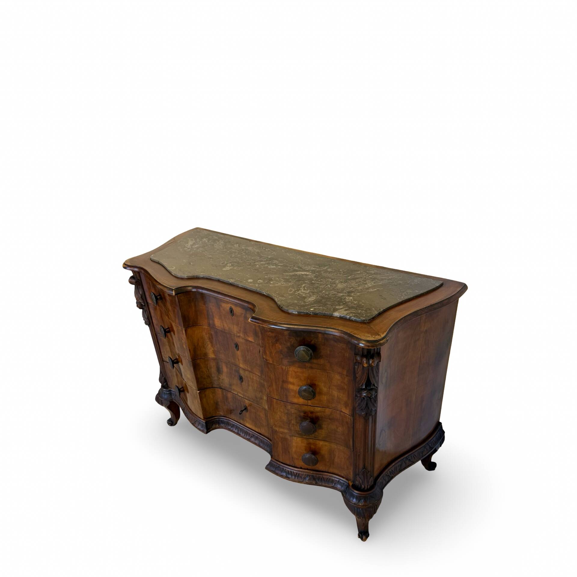 serpentine commode in antique walnut