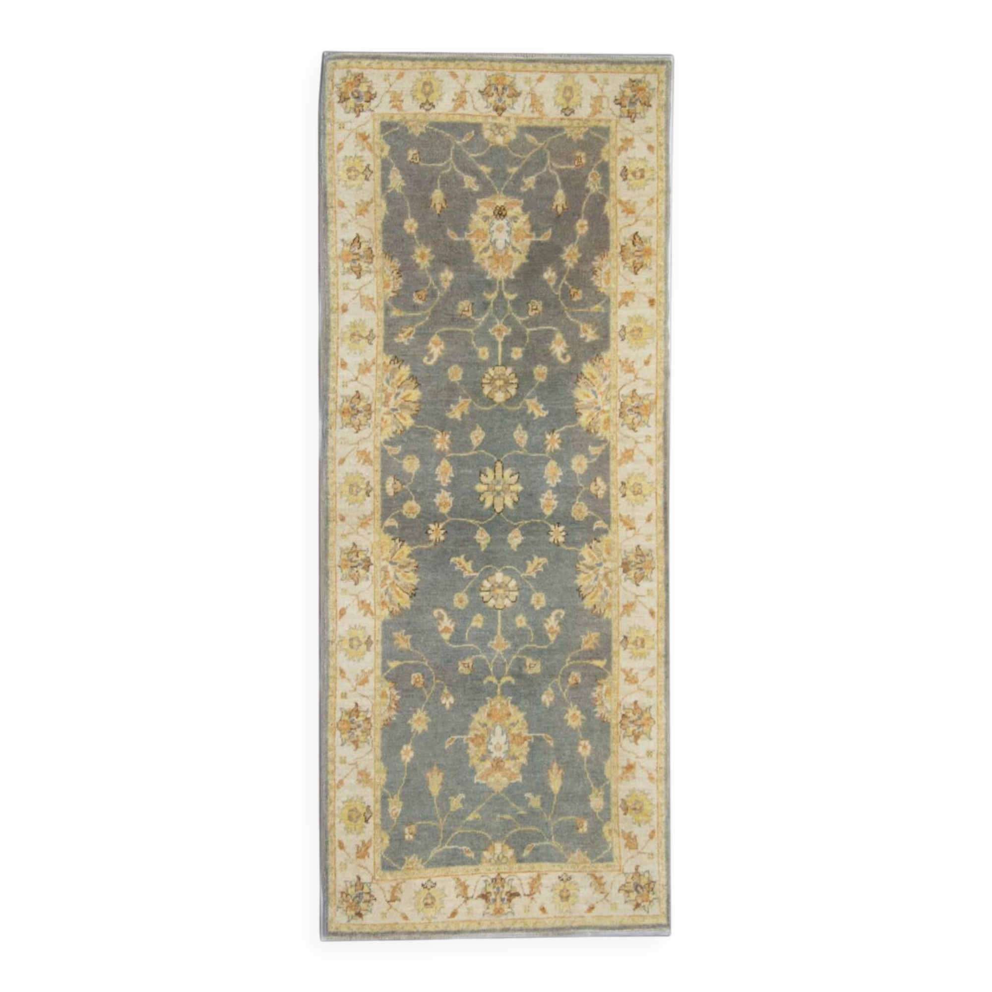 Tapis de couloir en laine grise, motif floral Ziegler fait main