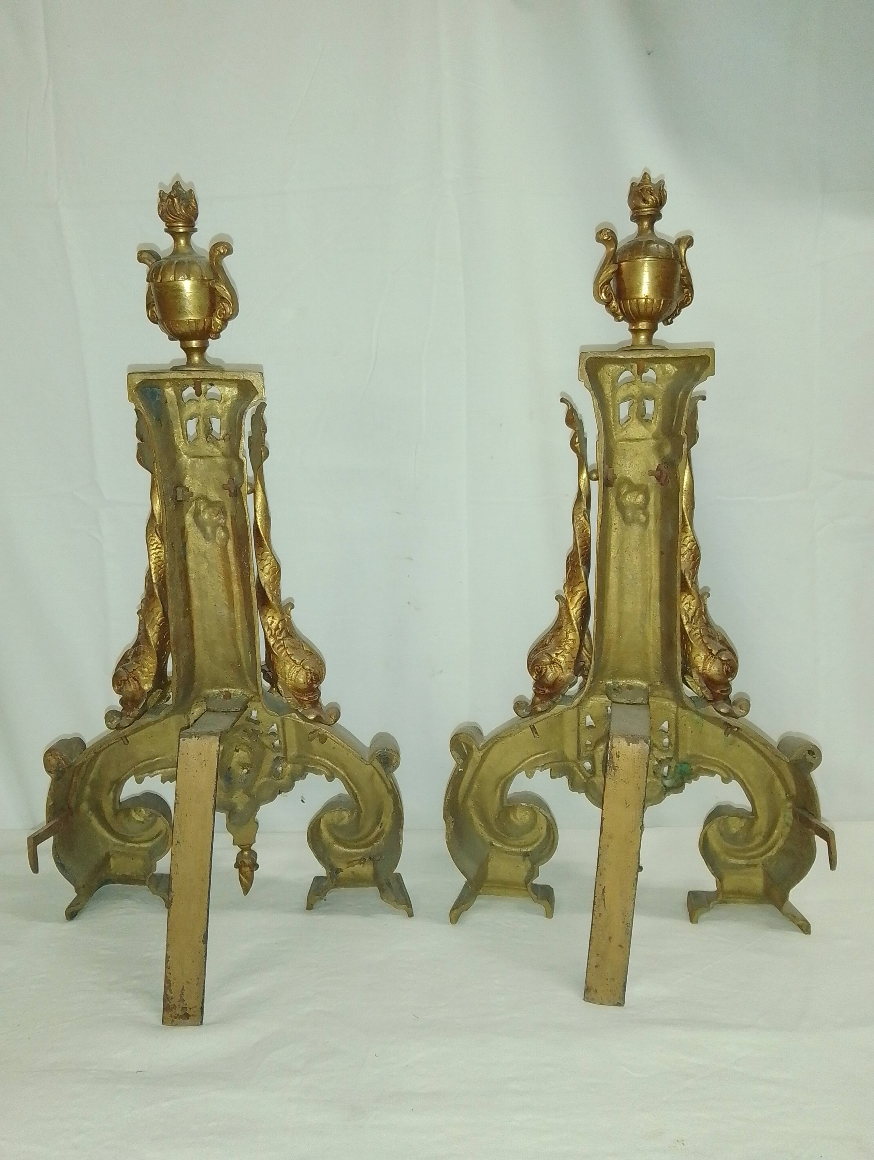 2 Bronze Fireplace Andirons 19th Century