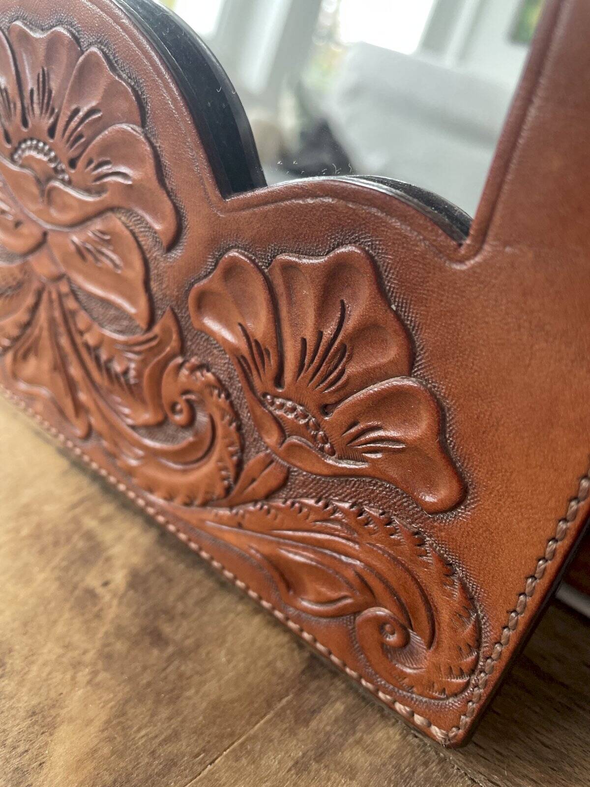 Brown embossed leather mirror