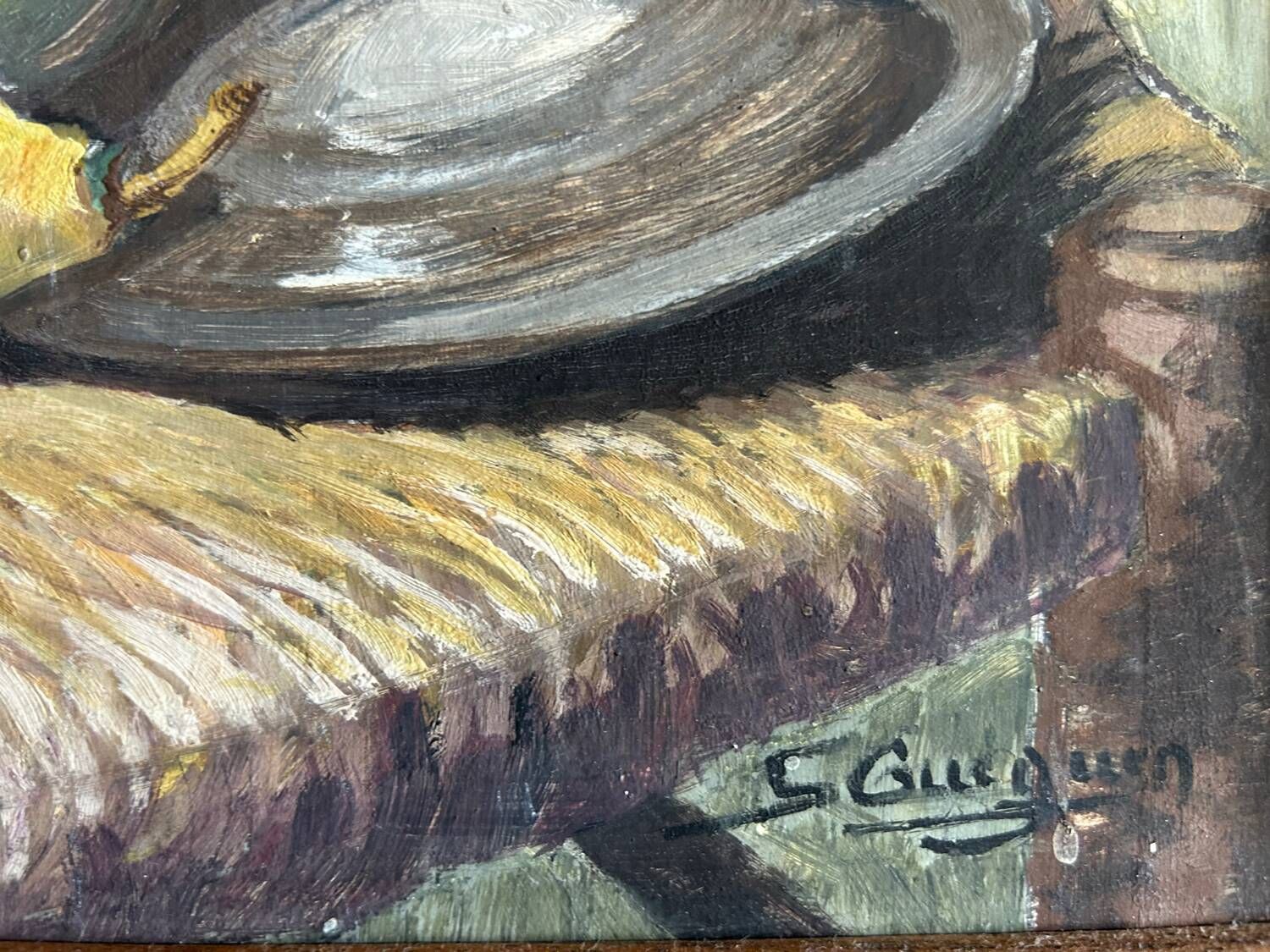 Nature morte aux poires de Suzanne Gueguen. Huile sur Panneau . Signature.