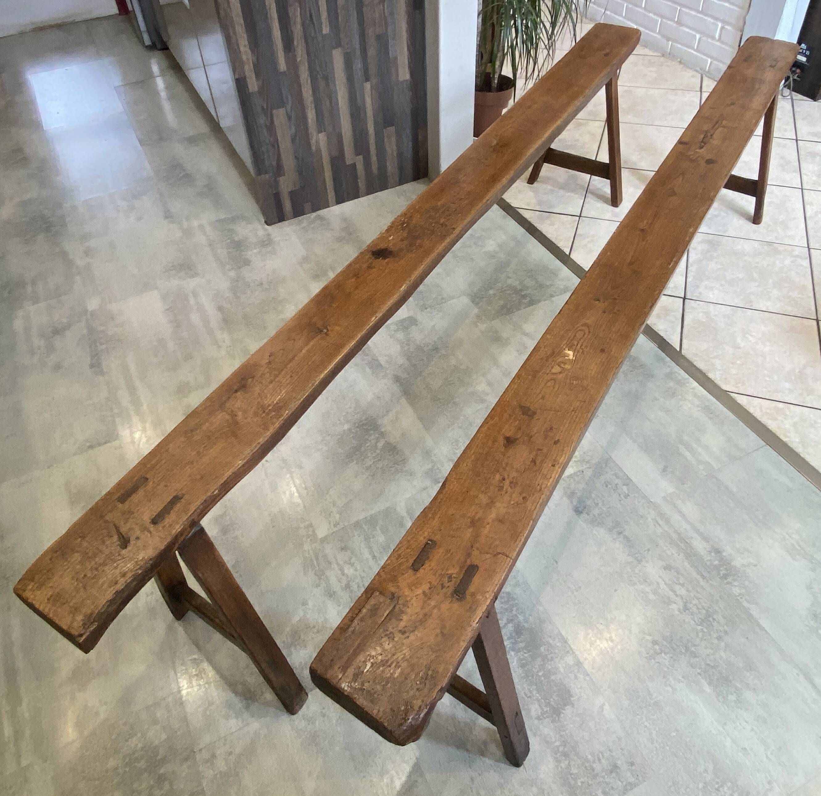 Pair of solid oak farmhouse benches 214cm for rustic table 1950