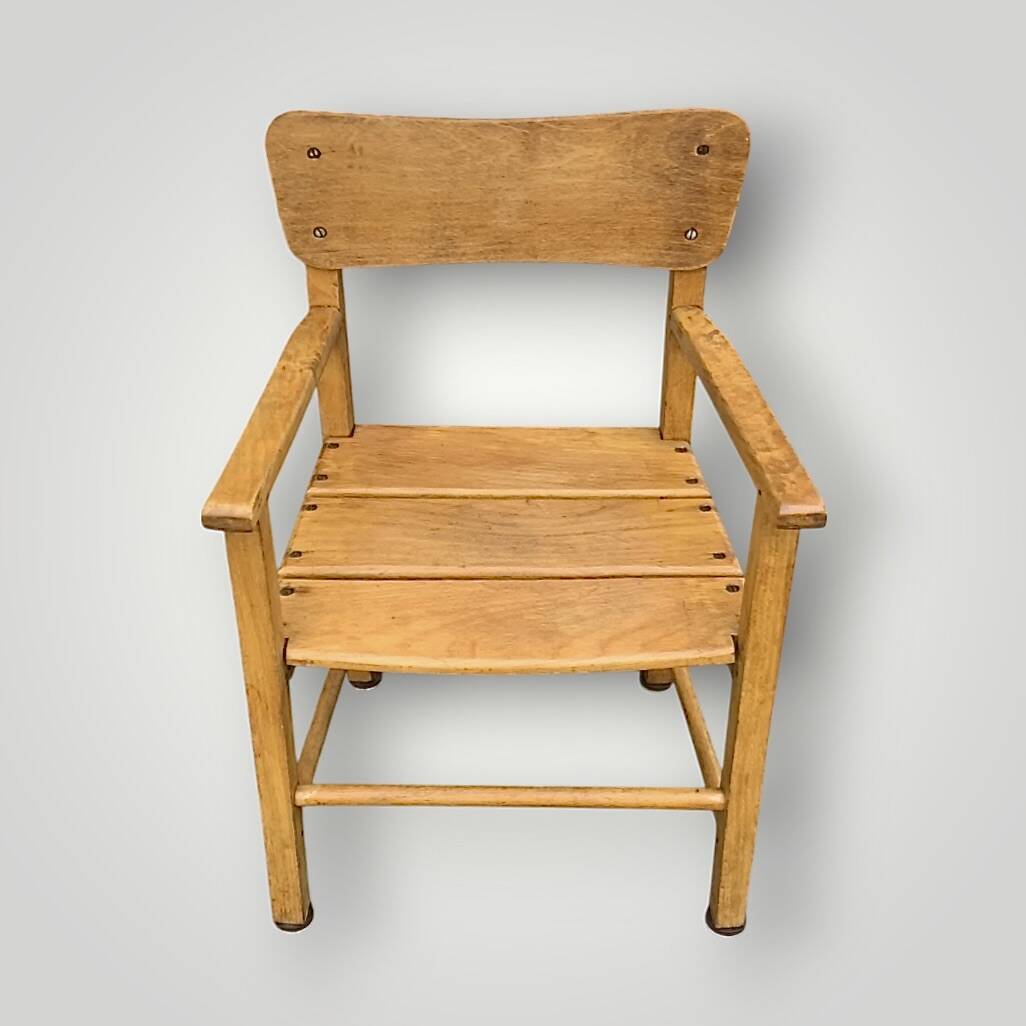 Antique wooden children's chair with armrests – marked unifa