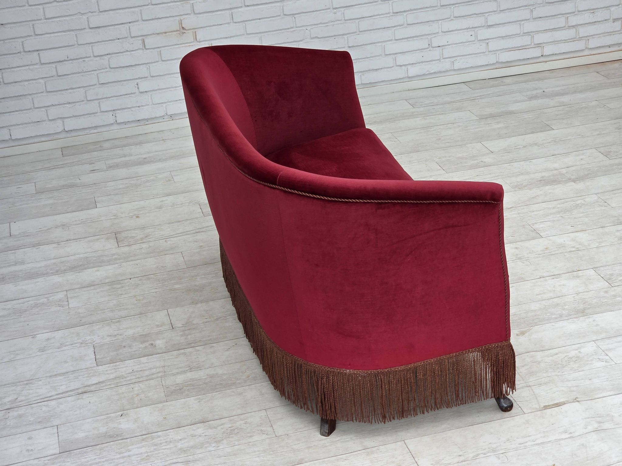 1960s, Danish 2-seater sofa, red furniture velour, ash wood legs.