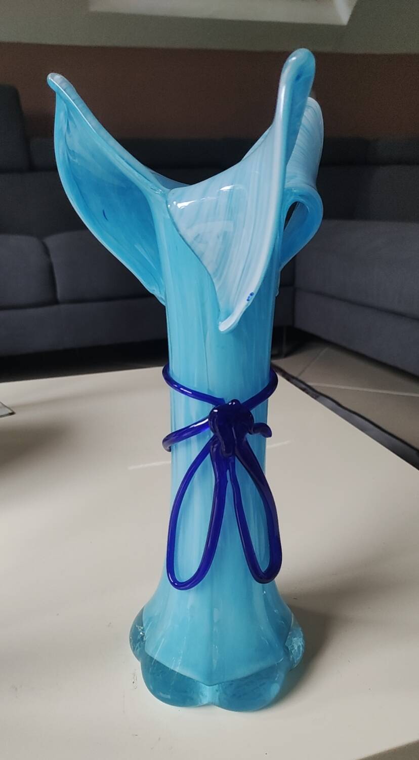 Large Murano Vase Floral Design, Opaline. Relief Ribbon Bow Decor