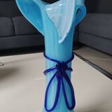 Large Murano Vase Floral Design, Opaline. Relief Ribbon Bow Decor