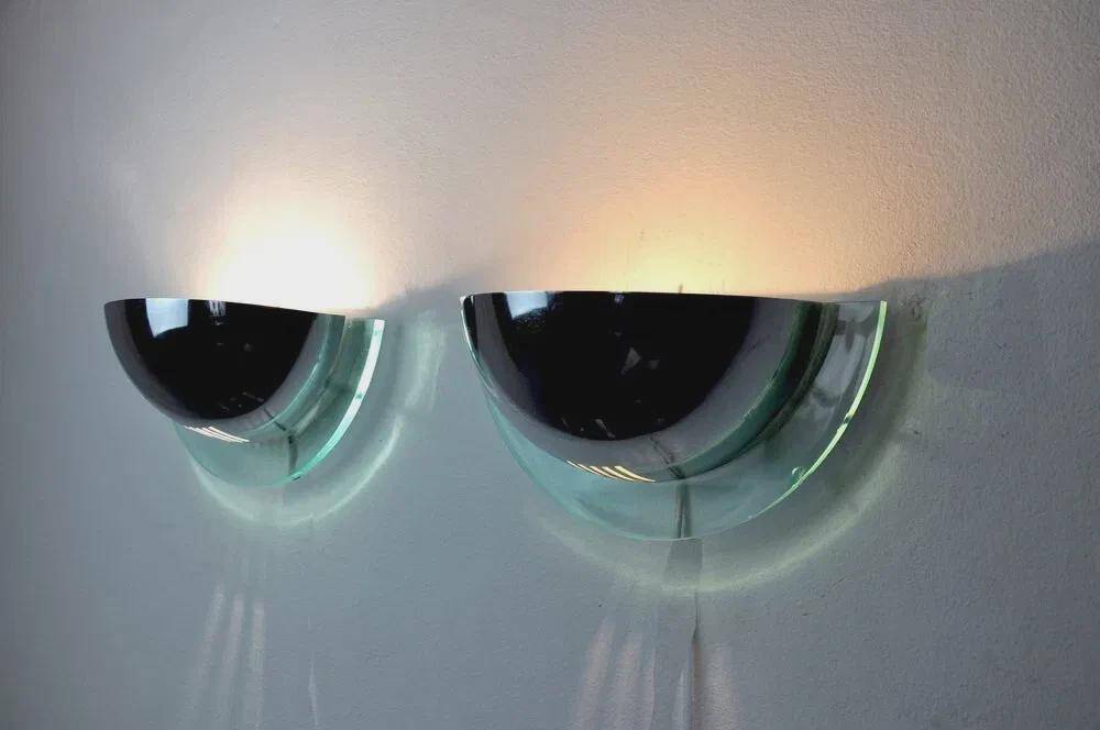 Pair of Bahag wall lights, chrome half-spheres on curved glass, 1980s