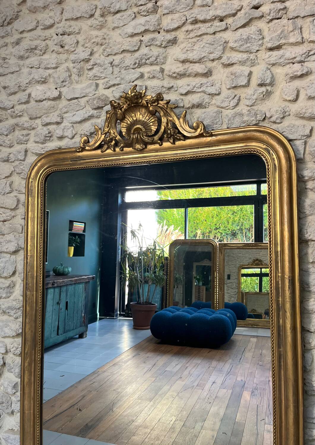 Antique Louis-Philippe mirror with pediment and gilt beading