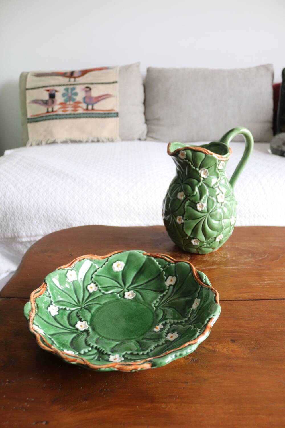Pitcher and dish in strawberry leaf and flower slip