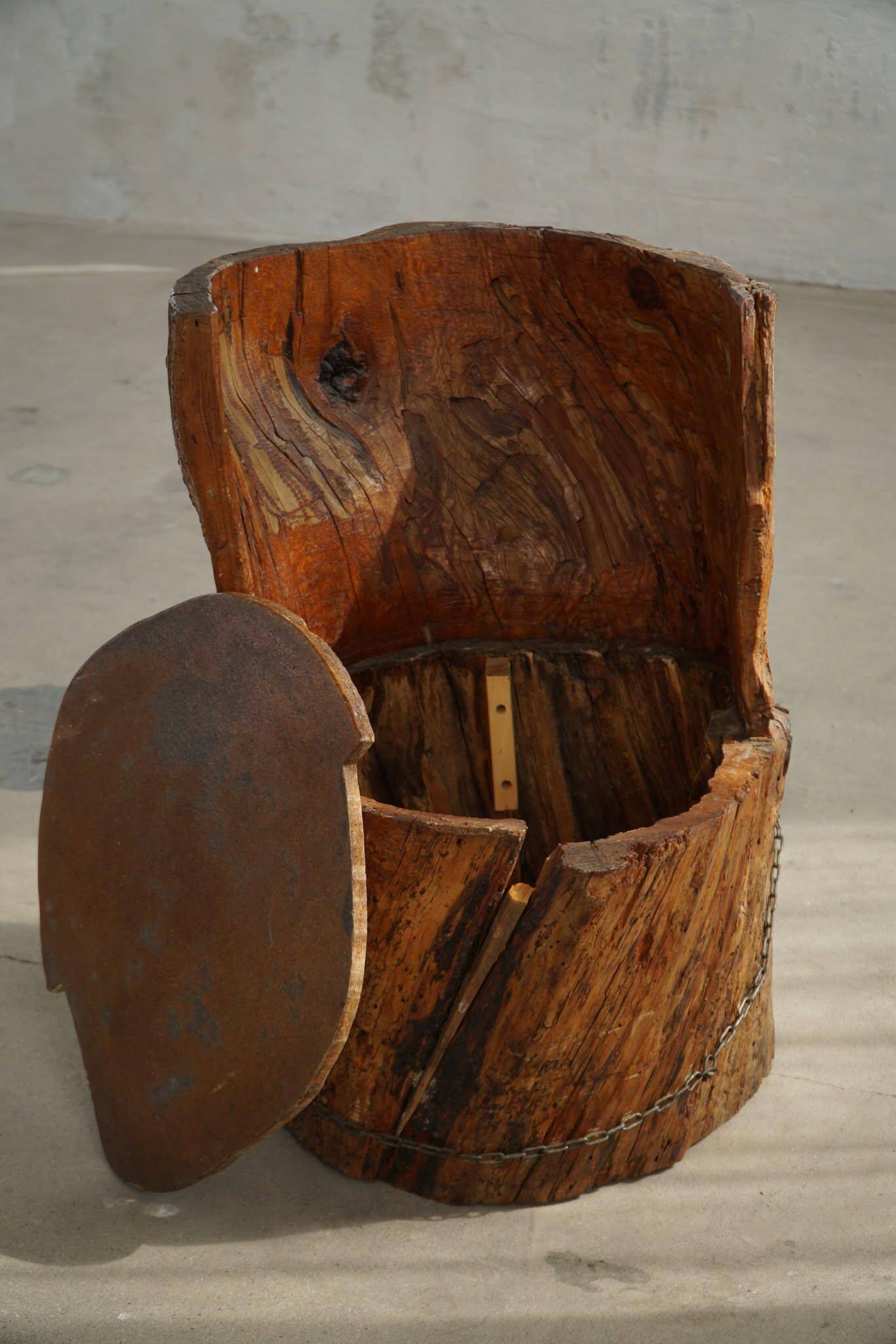 Chair made from hand-carved pine with storage, modern Swedish style, wabi-sabi, 1900s.