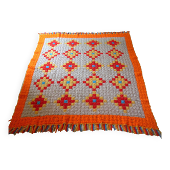 Ancien dessus de lit couverture années 1970 en laine crochet tricot déco rétro vintage