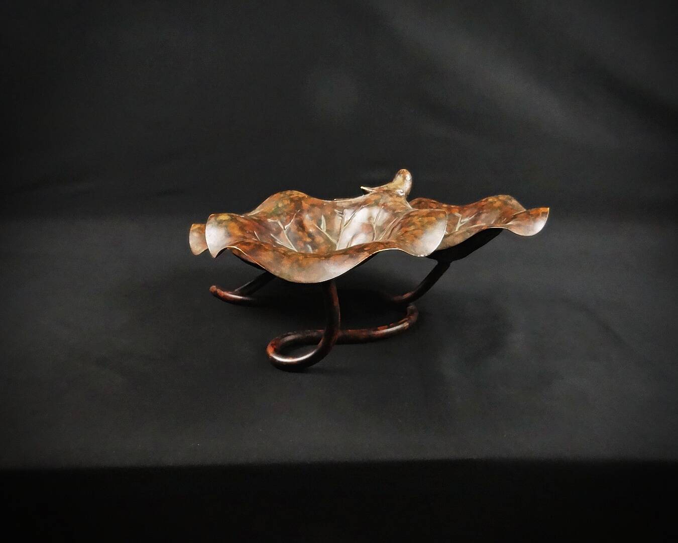 Three-tiered lotus leaf shaped patinated metal bird bath