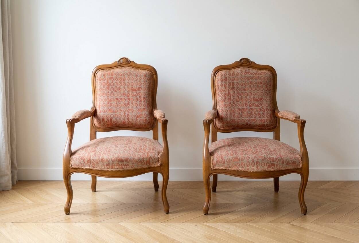 Pair of cabriolet armchairs in Louis XV style in light walnut.