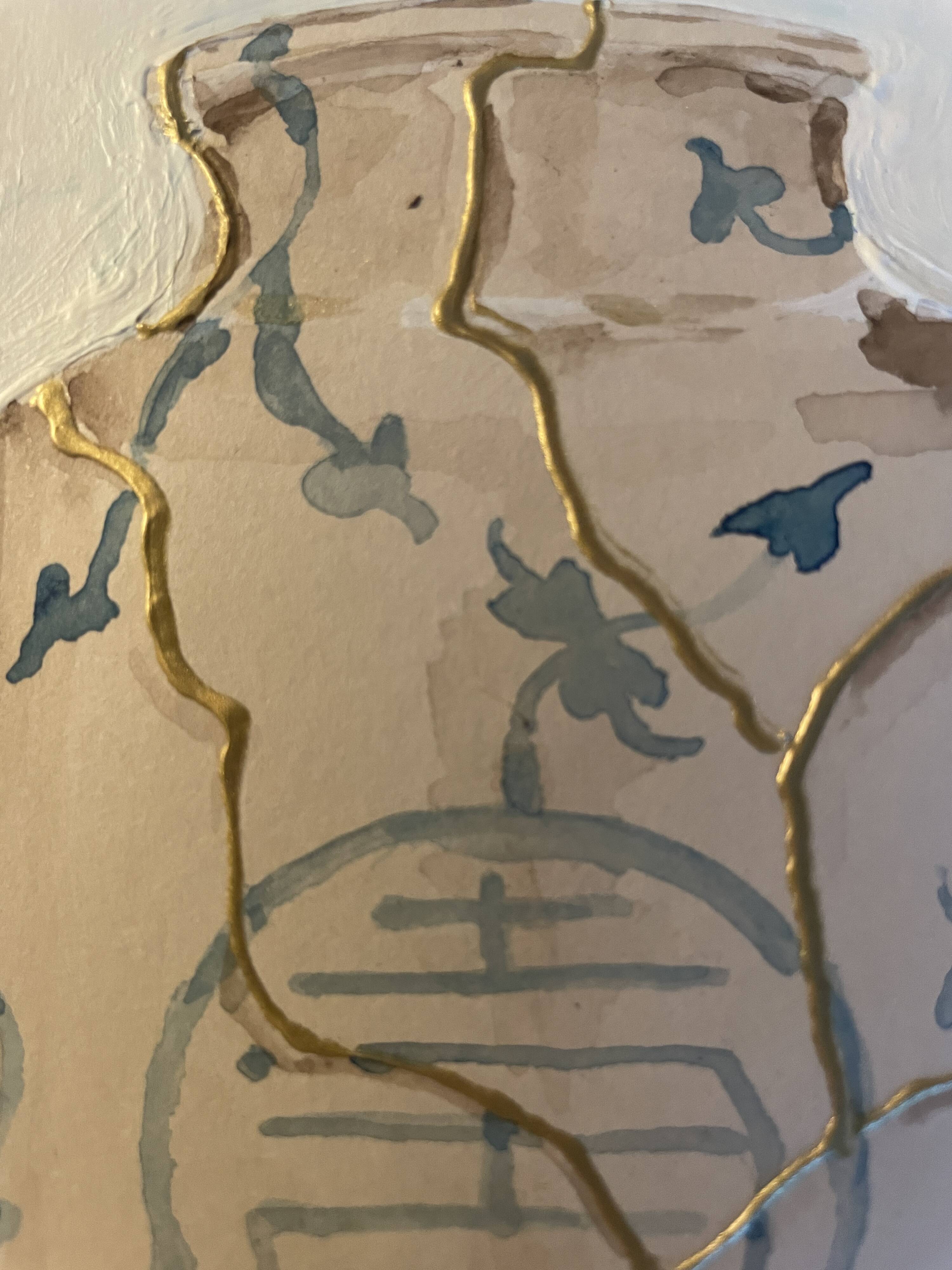 Painting signed “Japanese Kintsugi vase” mixed media + iridescent gold