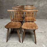 Série Lot de 8 anciennes chaises bistrot dlg scandinave en bois dossier cintré et barreaux