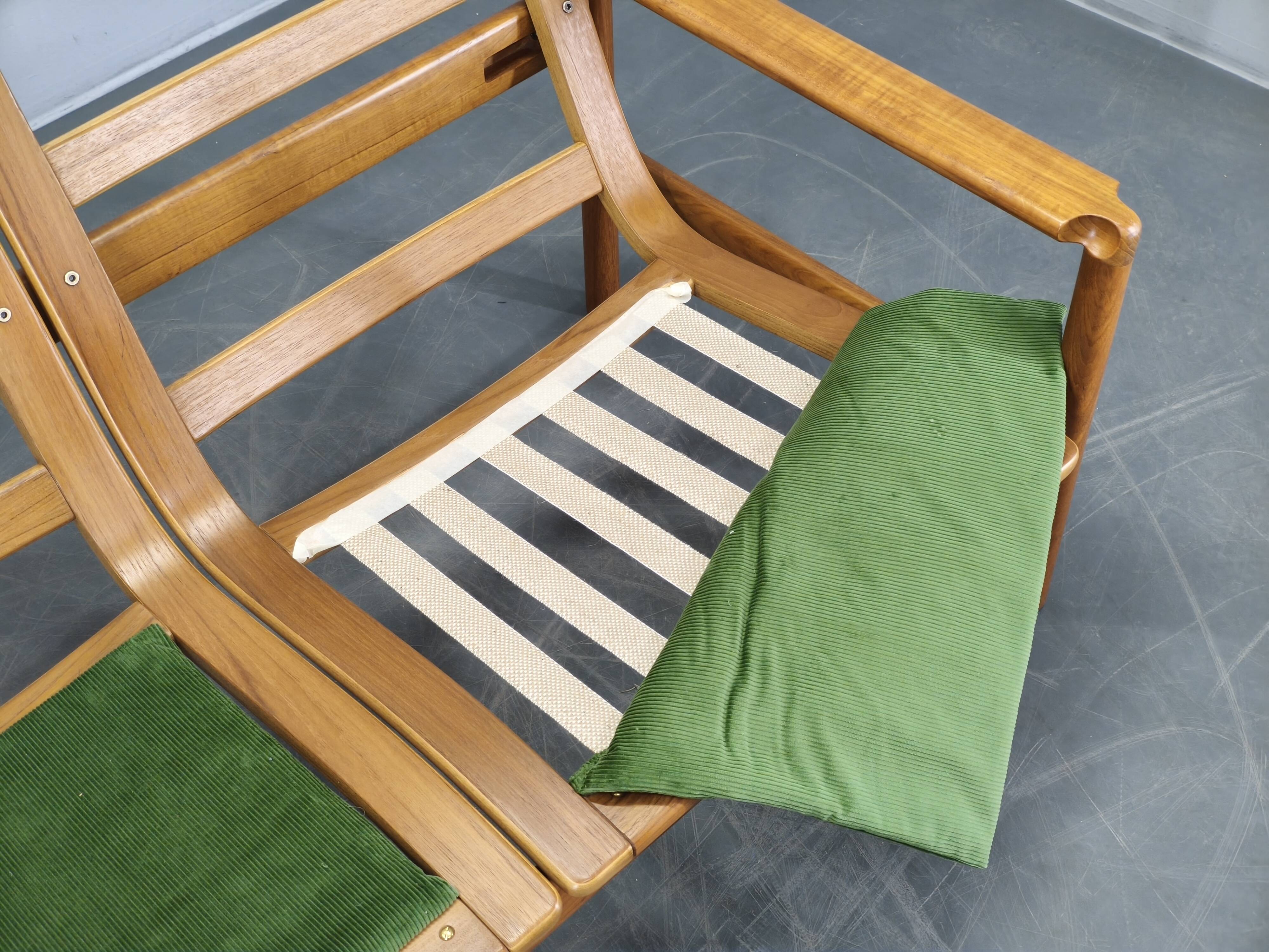 Danish Freestanding Teak Sofa in Green Corduroy, 1970s