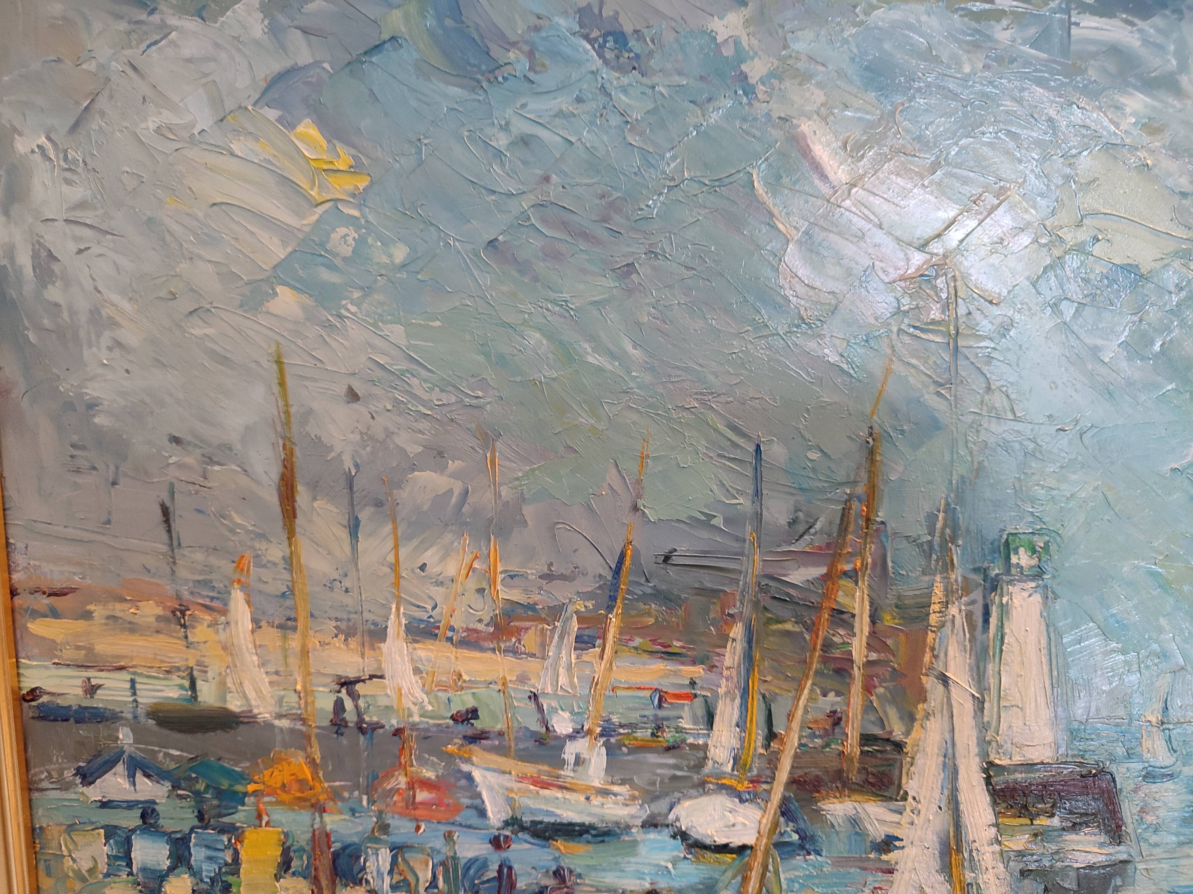 Oil painting on panel Alain Duperay port Breton, arrival of the fishermen
