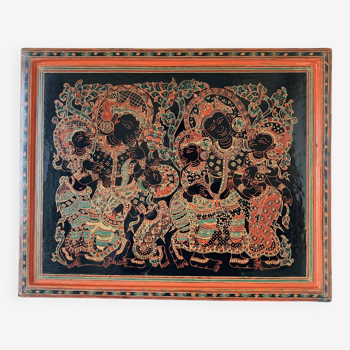 Large rectangular tray in lacquered and engraved wood decorated with characters. Burma, circa 1970.