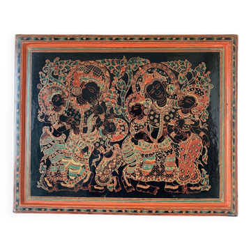 Large rectangular tray in lacquered and engraved wood decorated with characters. Burma, circa 1970.