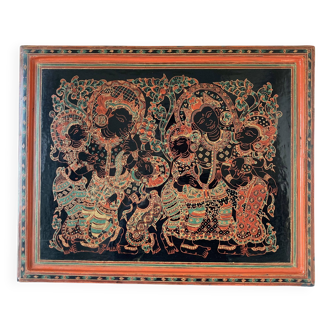 Large rectangular tray in lacquered and engraved wood decorated with characters. Burma, circa 1970.