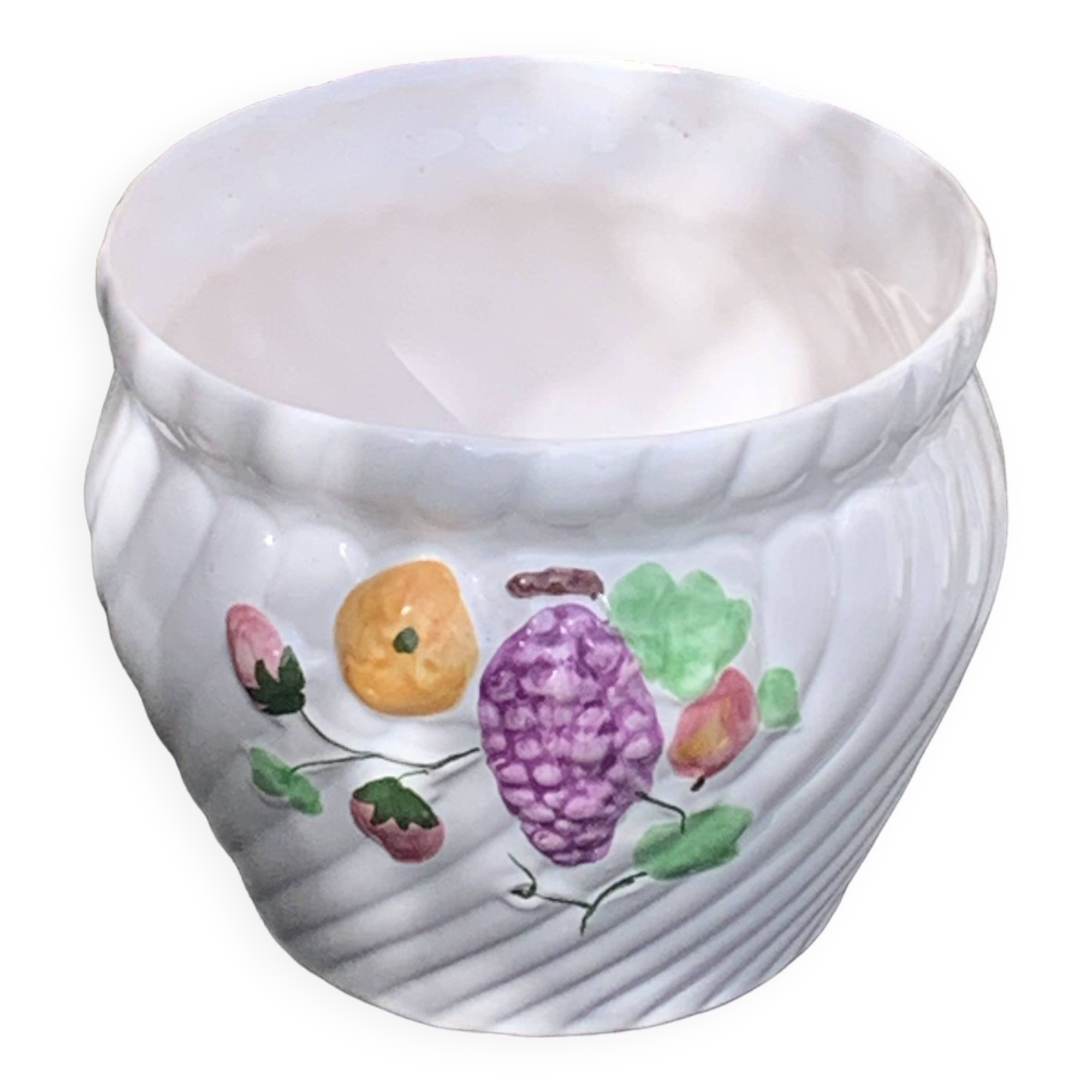 Large slip cover in white enameled ceramic, with vintage fruit decoration