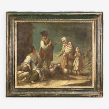 Antique painting from 18th century genre scene with characters