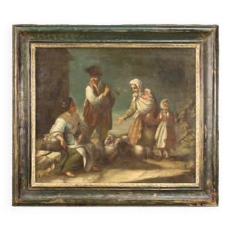 Antique painting from 18th century genre scene with characters