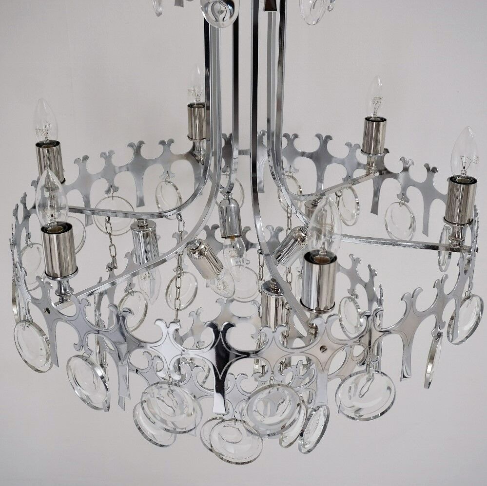 Sciolari chandelier `Ovali` 12 lights, silver with optical crystals, 1970`s ca, Italian, Rewired