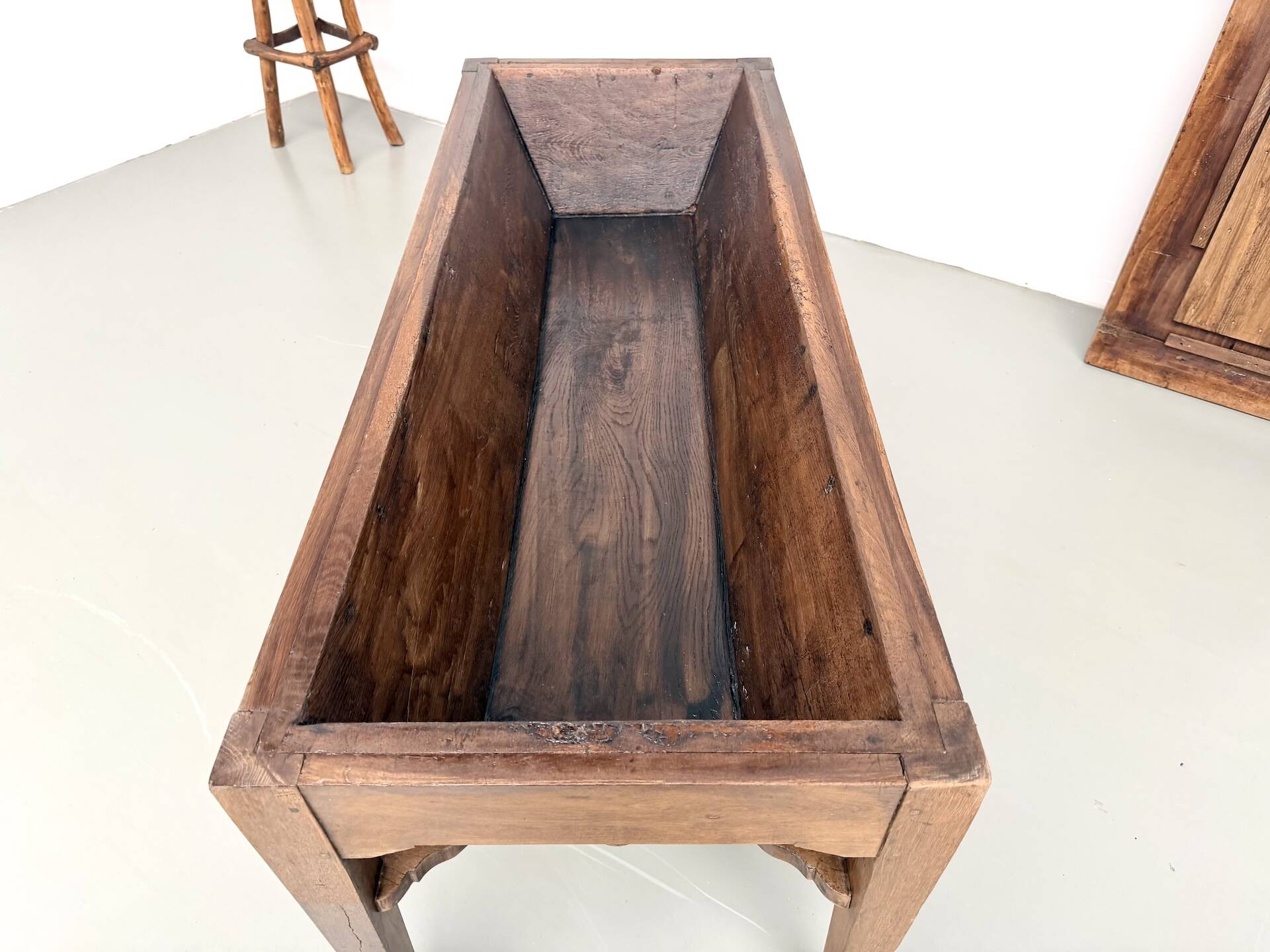 Farm table, old solid oak dough trough, France, around 1920.