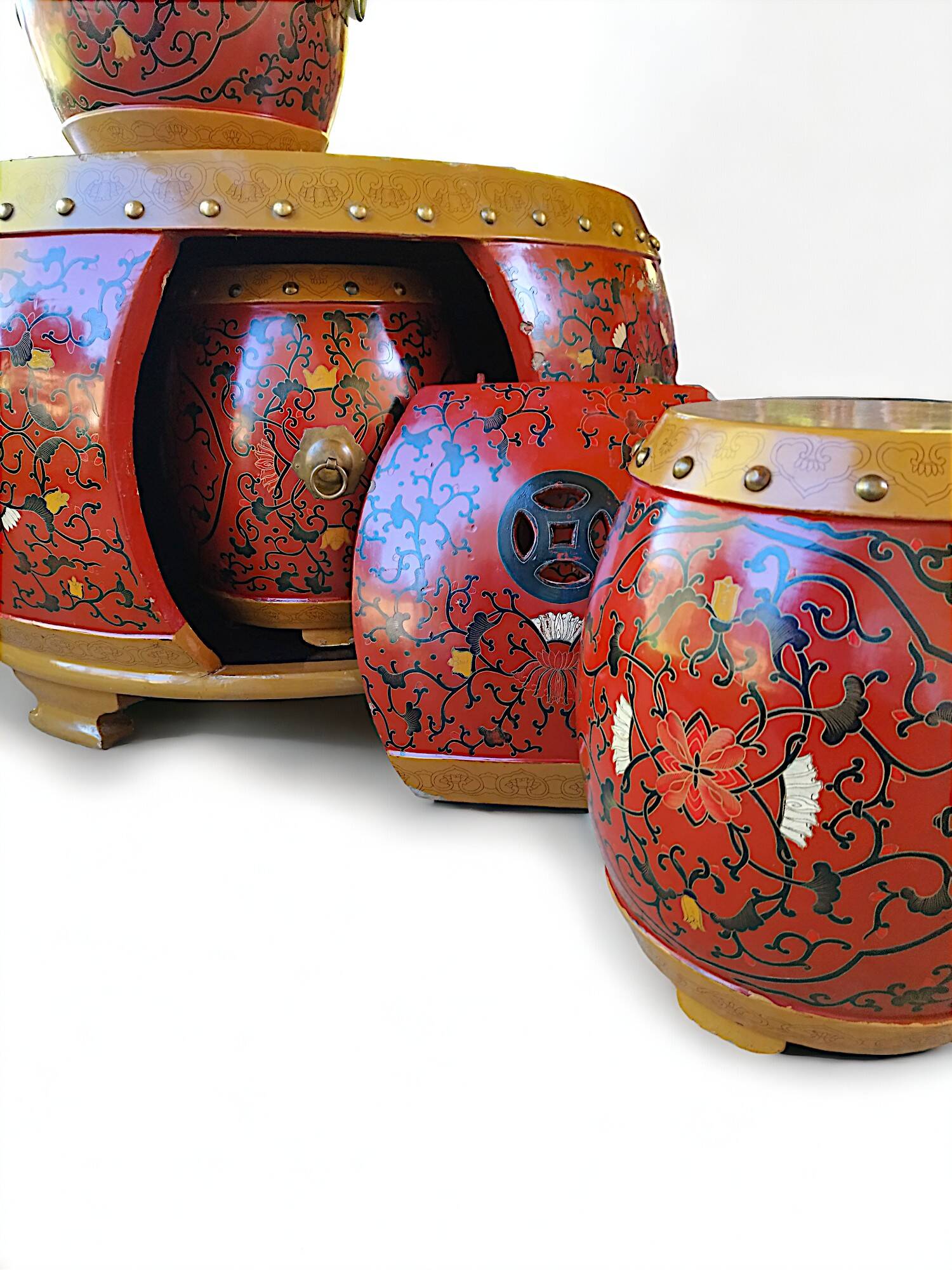 Drum coffee table and its 4 nesting stools in Chinese lacquered wood - Jin