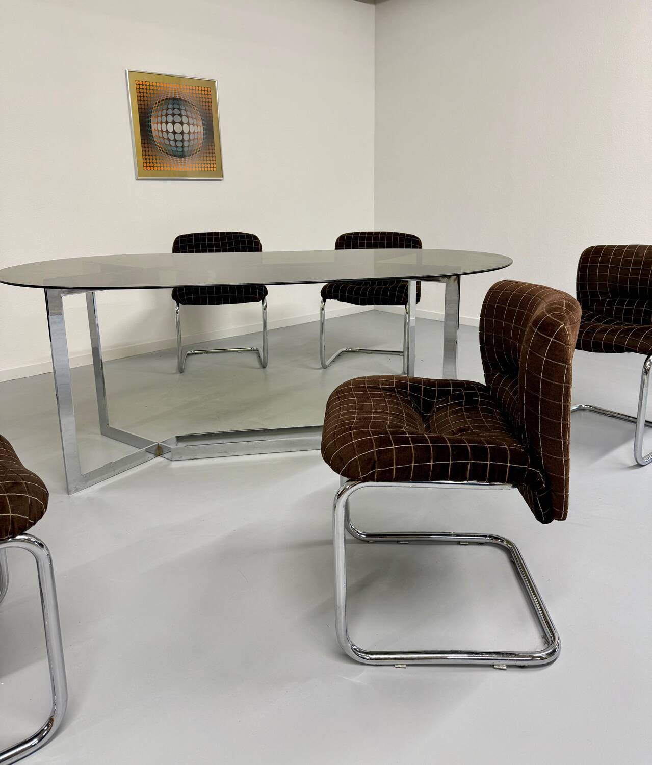 Vintage chrome and smoked glass table, 70s design, Paul Legeard DOM
