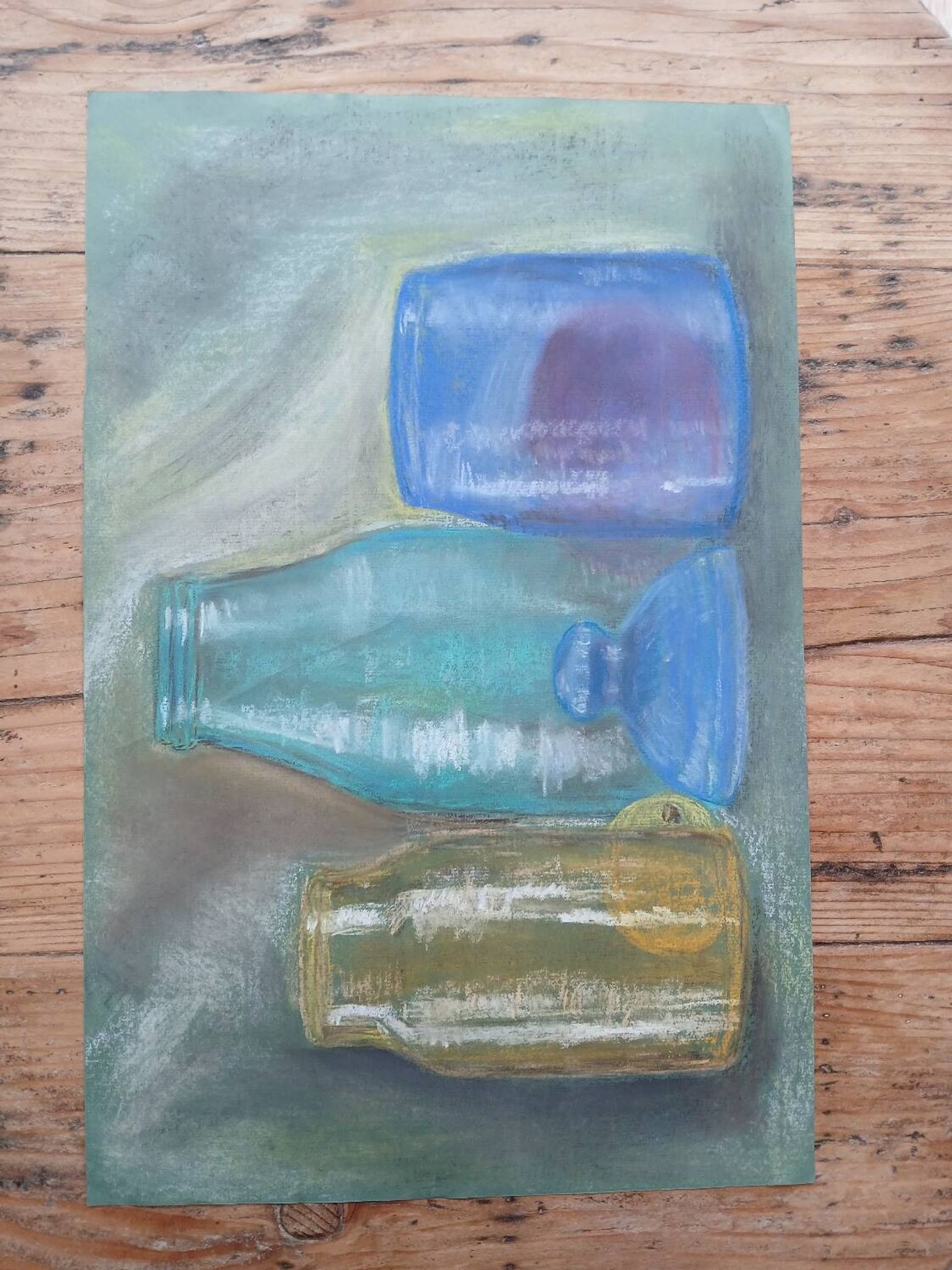 Dessin aux pastels bocaux et bouteilles