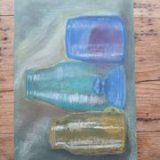 Dessin aux pastels bocaux et bouteilles