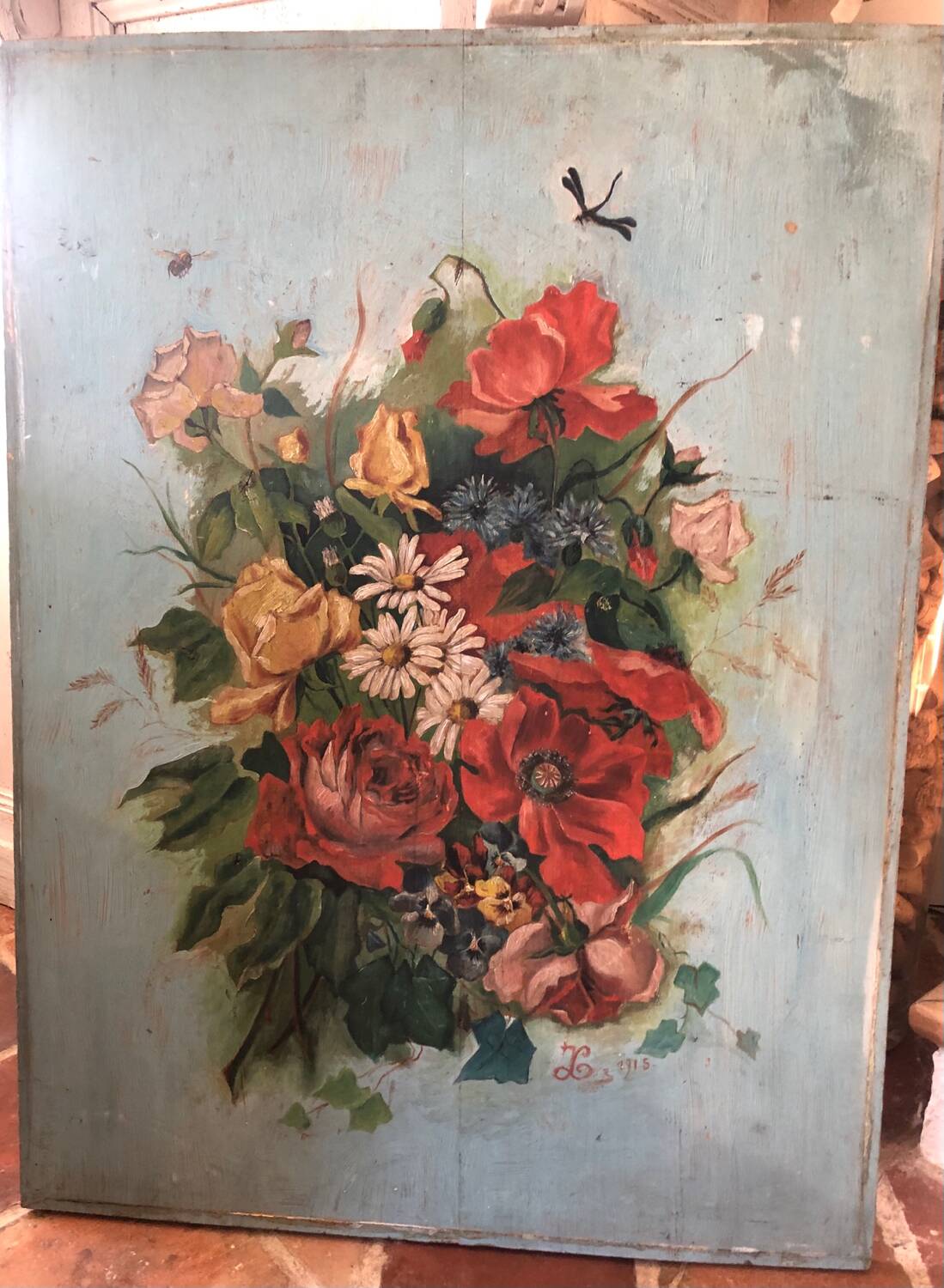 Tableau huile sur panneau bouquet début XXeme.